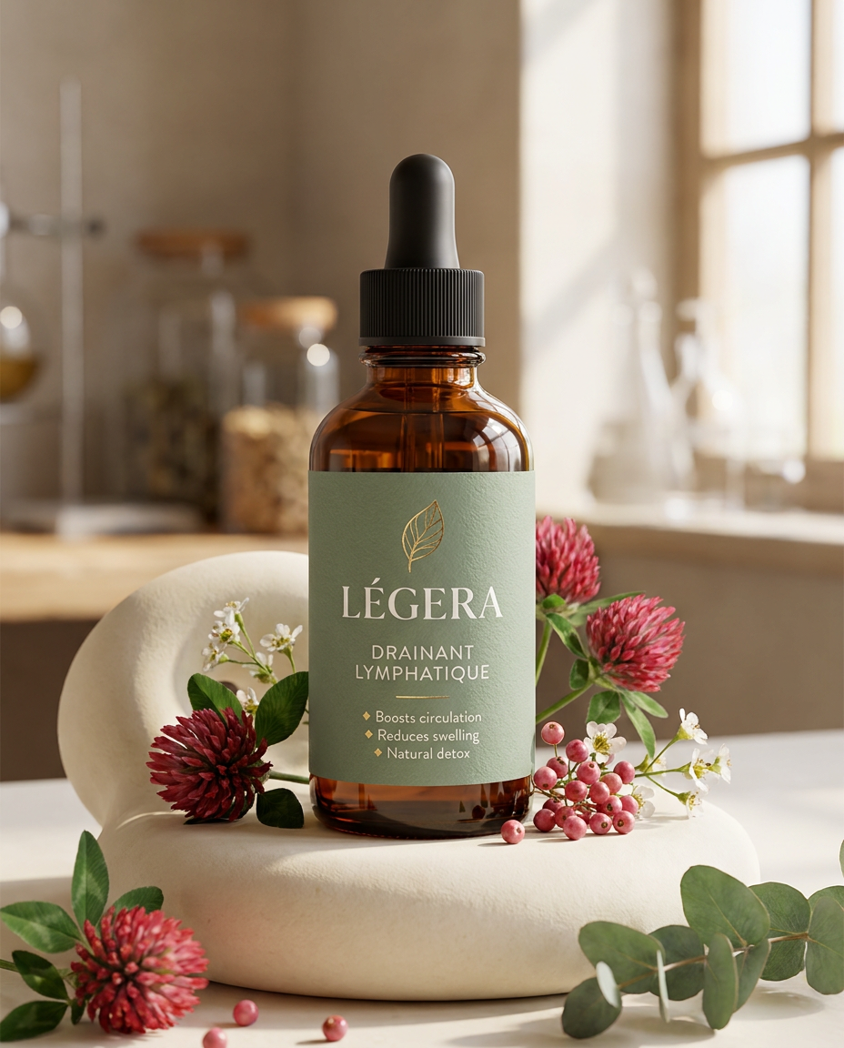 Flacon Légera Drainant Lymphatique gros plan avec fleurs